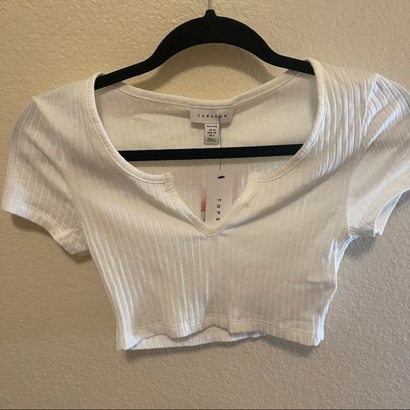 NWT Topshop White Ribbed V Neck Short Sleeve Cotton Lycra Stretch Crop Top 6Pet - Picture 6 of 15